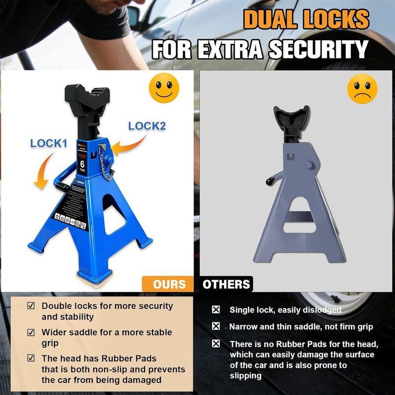 Heavy-Duty 6 Ton Jack Stands, 13,200 LB Capacity, Double Pin Lock, Adjustable 15.6-23.4, Blue Pair for Vehicle Lifting