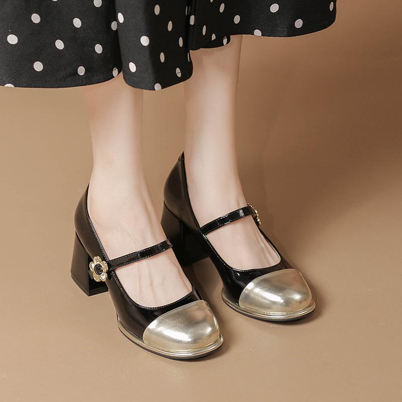 Splicing Color Thick Heel Mary Jane Word with High Heels Not Tired Feet Single Shoes Women's Evening Shoes