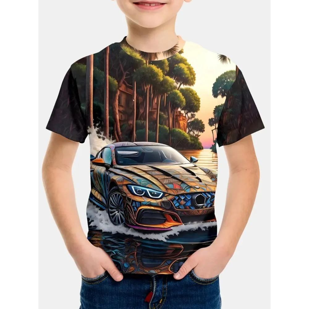 Round Neck Racing Cars Graphic 3D Printed Short Sleeved Children's Boy T-shirts - Soft Medium Stretch Polyester Fabric Summer Relaxed Fit Clothing