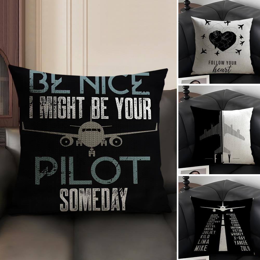 Black Pattern For Airplane Pilots 2 Pillow Case Natural Linen Double-Sided Printing Sofa Home Decor Cushion Cover
