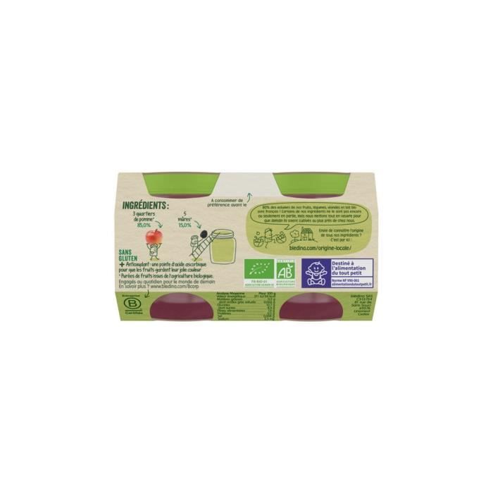 Compote de pommes à la mûres dès 4 mois Les récoltes Bio Blédina - 2x130g