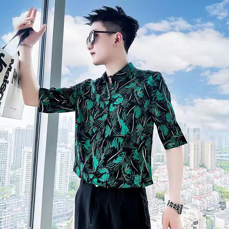 

Men s Short-sleeved Shirt Fashion Printed Casual Loose Top XXXL зелений