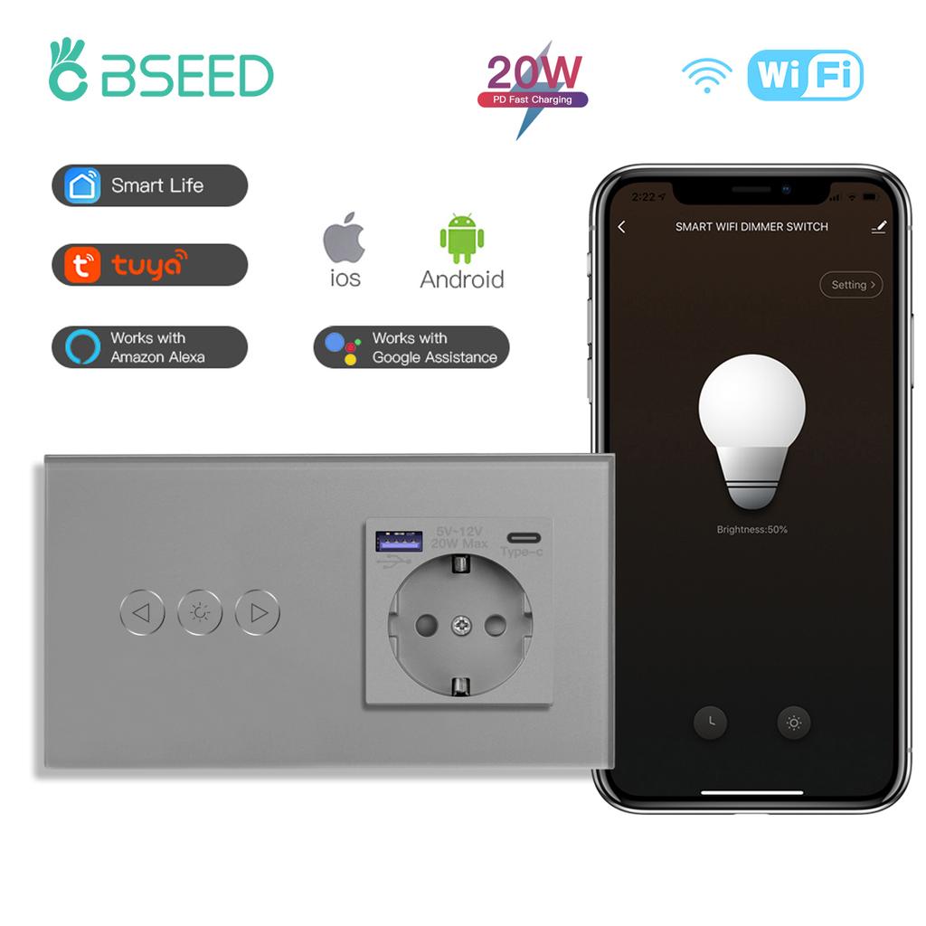 BSEED Wifi Dimmer Switch 1Gang1Way Smart Touch Switches LED Lamps Plus Normal EU Socket With USB Type-c Tuya Smart Life App