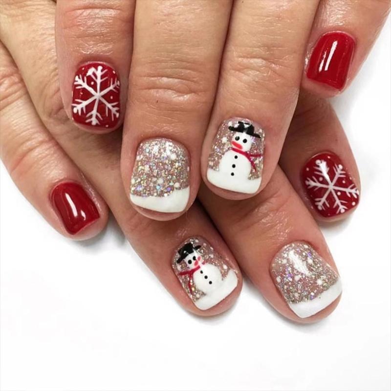 48Pcs Holiday Themed Snowman Snowflake Press On Nails Stick On Nail False Nail for Christmas Gatherings and Event