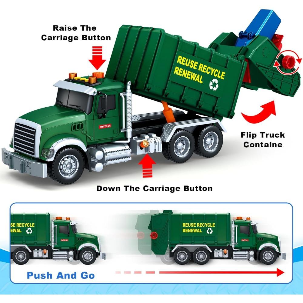 Garbage Truck Toys for Boys Powered Push Car with Lights & Sounds Trash Sorting Model Car Building Toy Set with Garbage Cans
