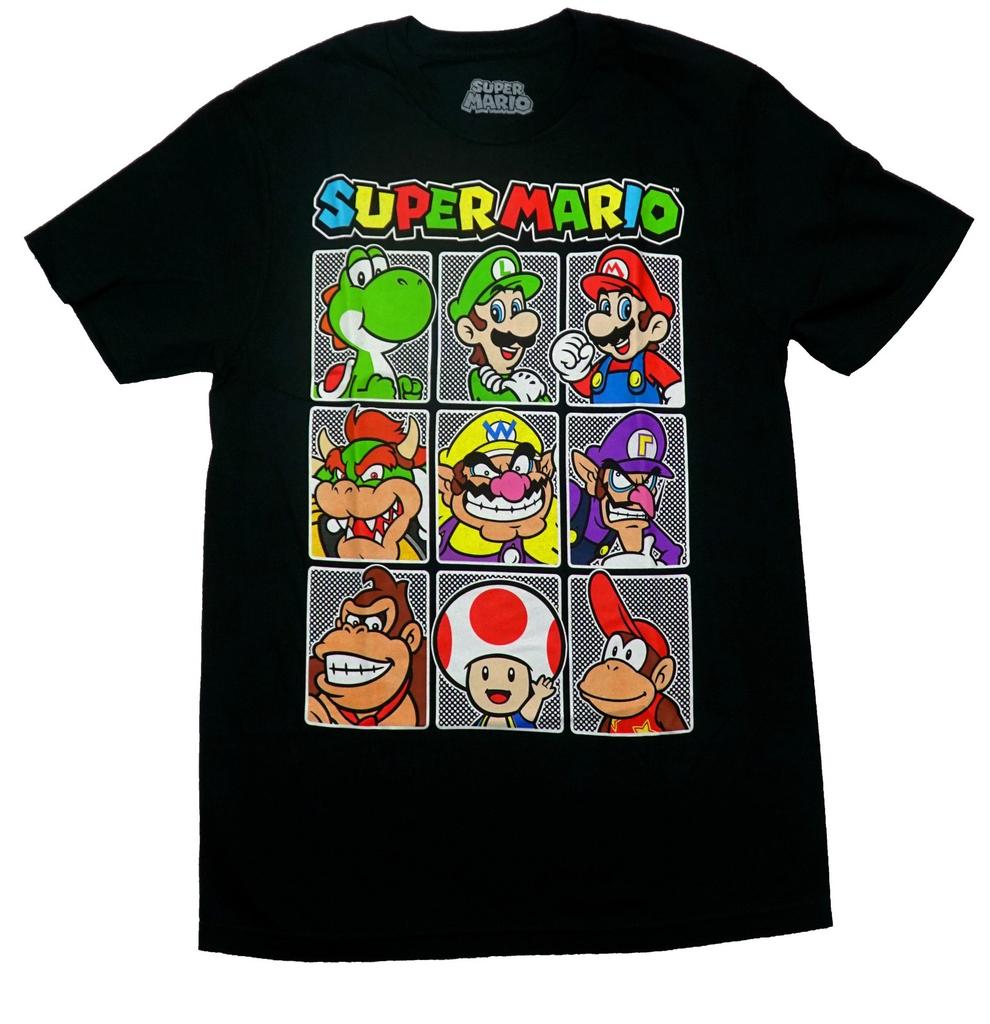 Super Mario New Adult T-Shirt - Nine Colorful Character White Dot Boxes
