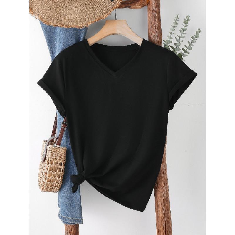 Fashionable Simple Versatile Pure-colored V-neck Short-sleeved Women's T-shirts