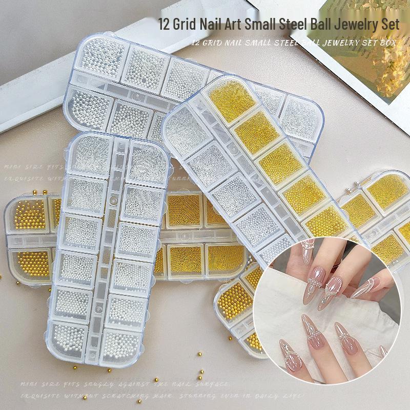 12-Grid Mini Steel Beads Nail Art: Mixed Size Gold & Silver Rhinestones (0.8mm)