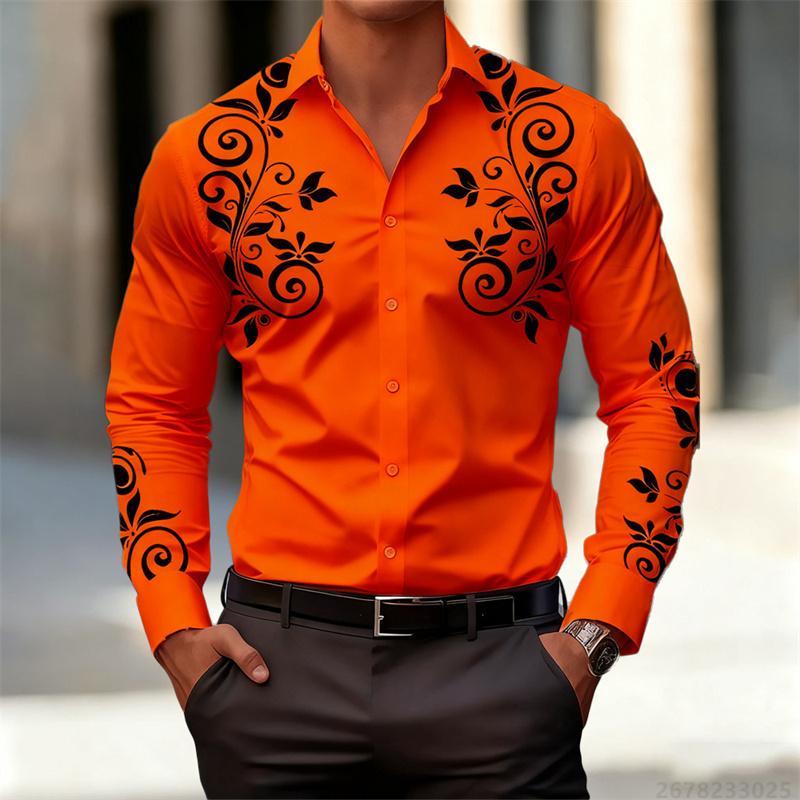 Men's Retro Art Pattern Long Sleeve Shirt Fashion Slim Lapel Personalized Print Shirt Multiple Colors Optional Men's Tops