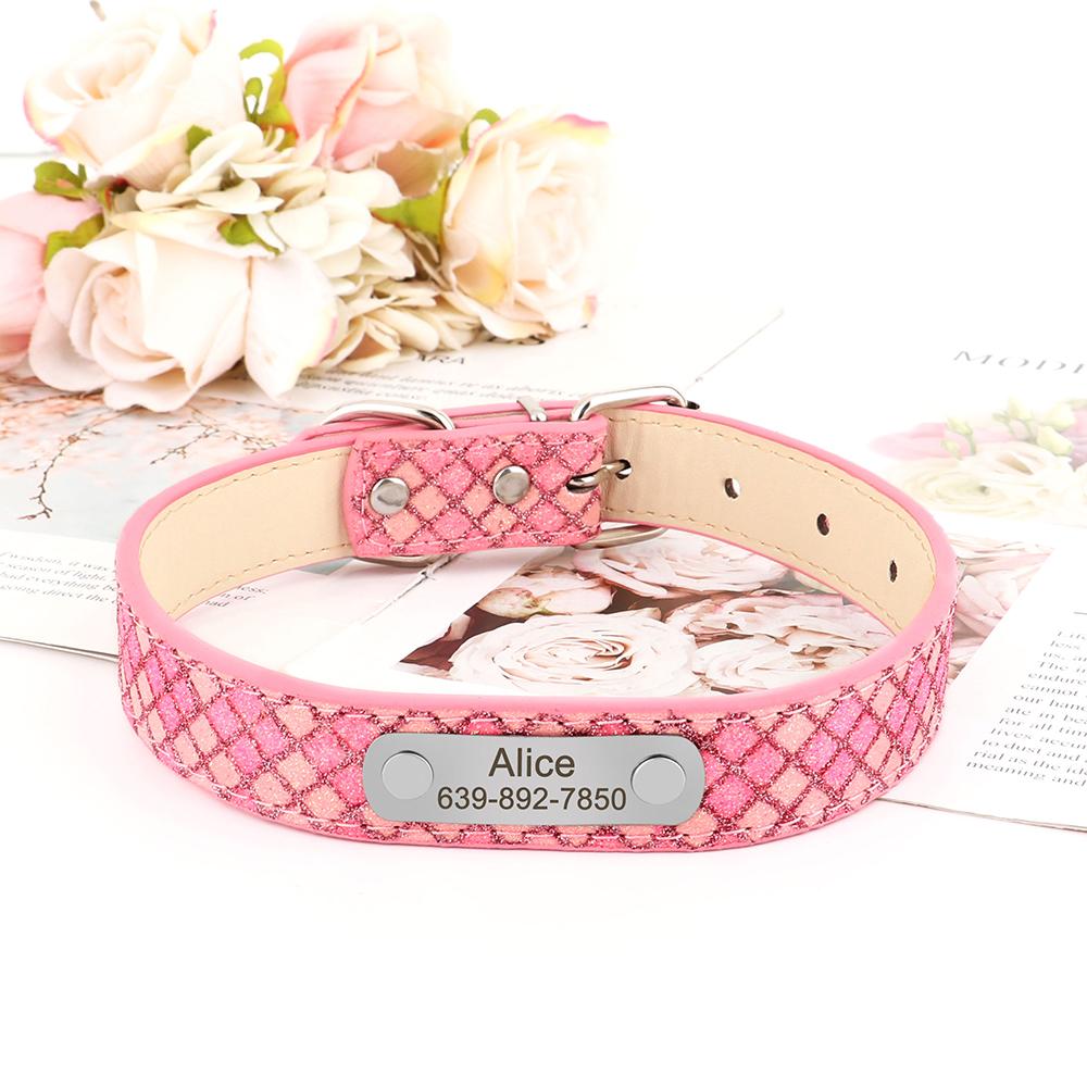 

Индивидуальный кожаный ошейник для собак с бесплатной гравировкой, ошейники для кошек и собак, ошейник для щенков, регулируемый для маленьких и средних собак, чихуахуа S розовый