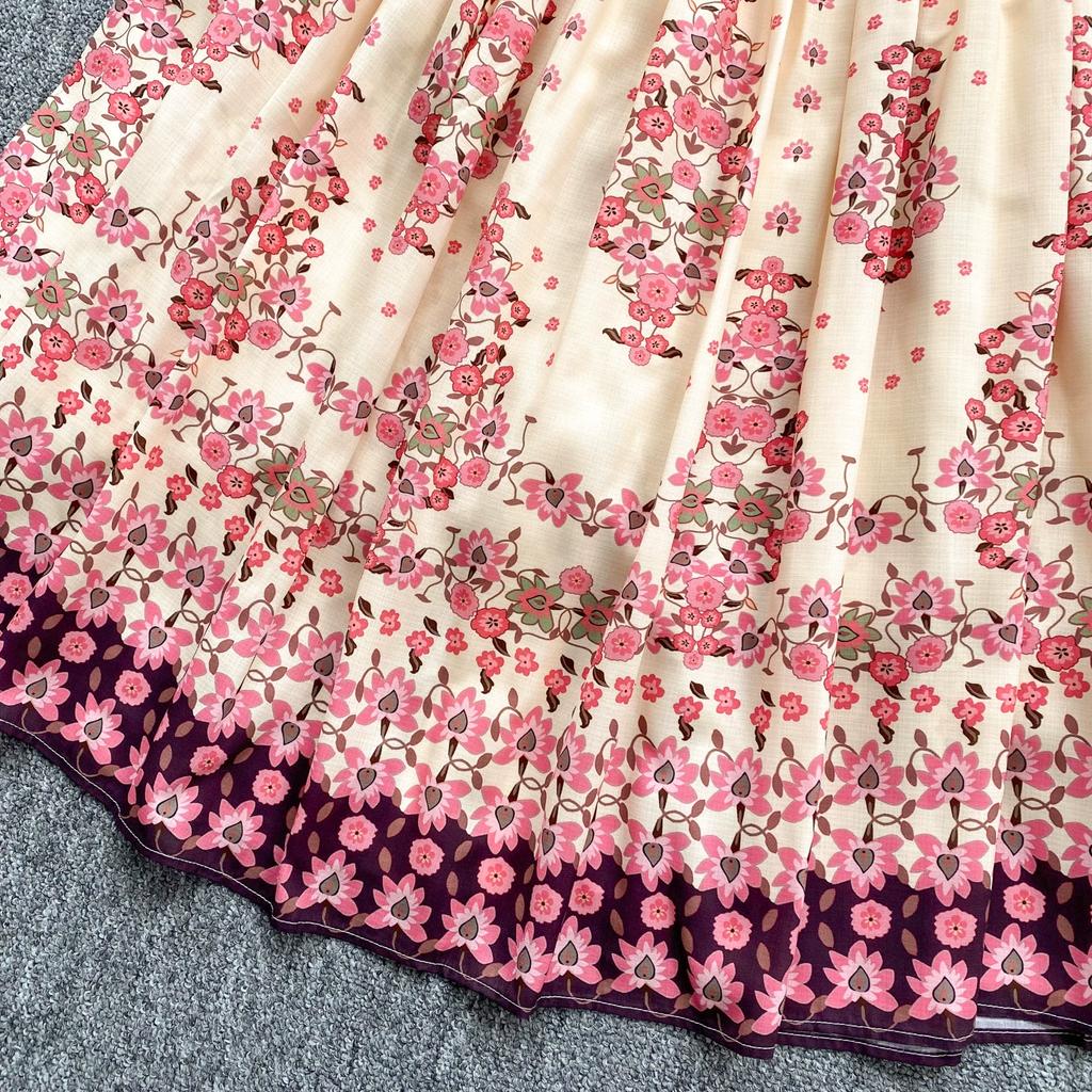 Spring Autumn Women Lantern Sleeve Print Single Breasted Loose Holiday Beach Party Long Maxi Dresses with Belt