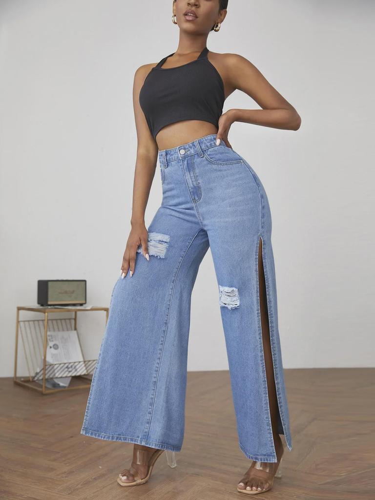 ZT60041 Traceable Ripped and Split Ladies’ Jeans - European and American Style