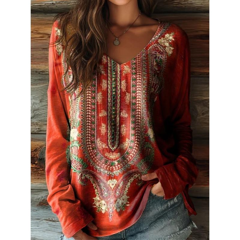 Vintage dámské tričko Květinový grafický potisk Rostliny Elegantní módní tričko Dlouhý rukáv Trička Výstřih do V Běžné topy Pulovr Podzim Zima