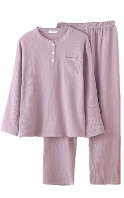 Solid Color Soft Comfortable To the Long Sleeve Top and Cute Loungewear Women's Pajamas, Loungewear, 100% Cotton, Double-Layer Gauze, Touch, Bottoms,