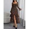European & American Women's Slim Fit Square Neck Leopard Print Slit Dress - Mermaid Style, Fashionable, Elegant, Sexy.