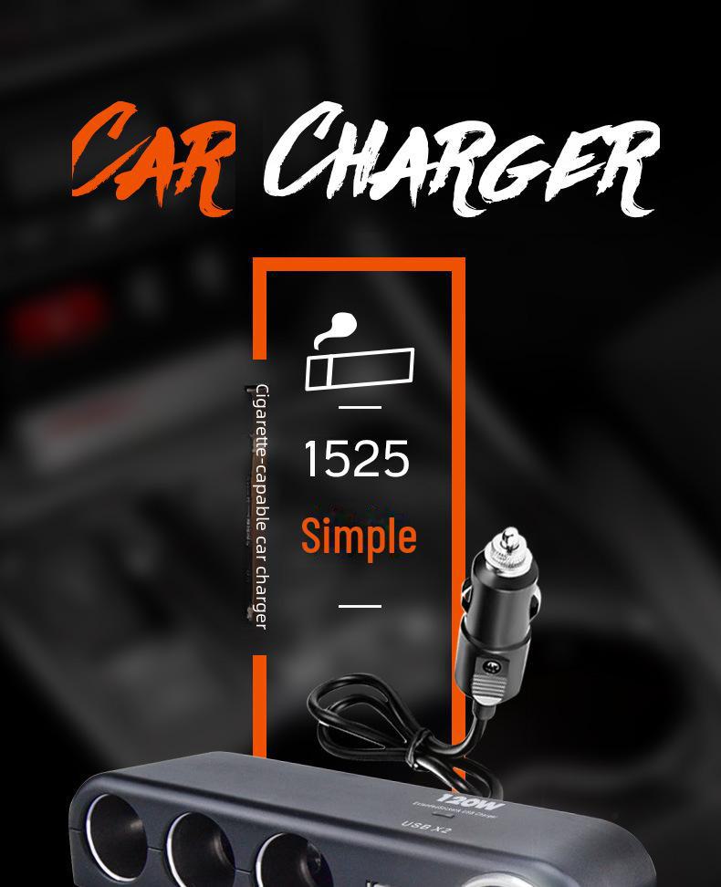 Multi-Function Car Charger: 3-Socket Adapter with Digital Display & Dual USB Ports, 120W