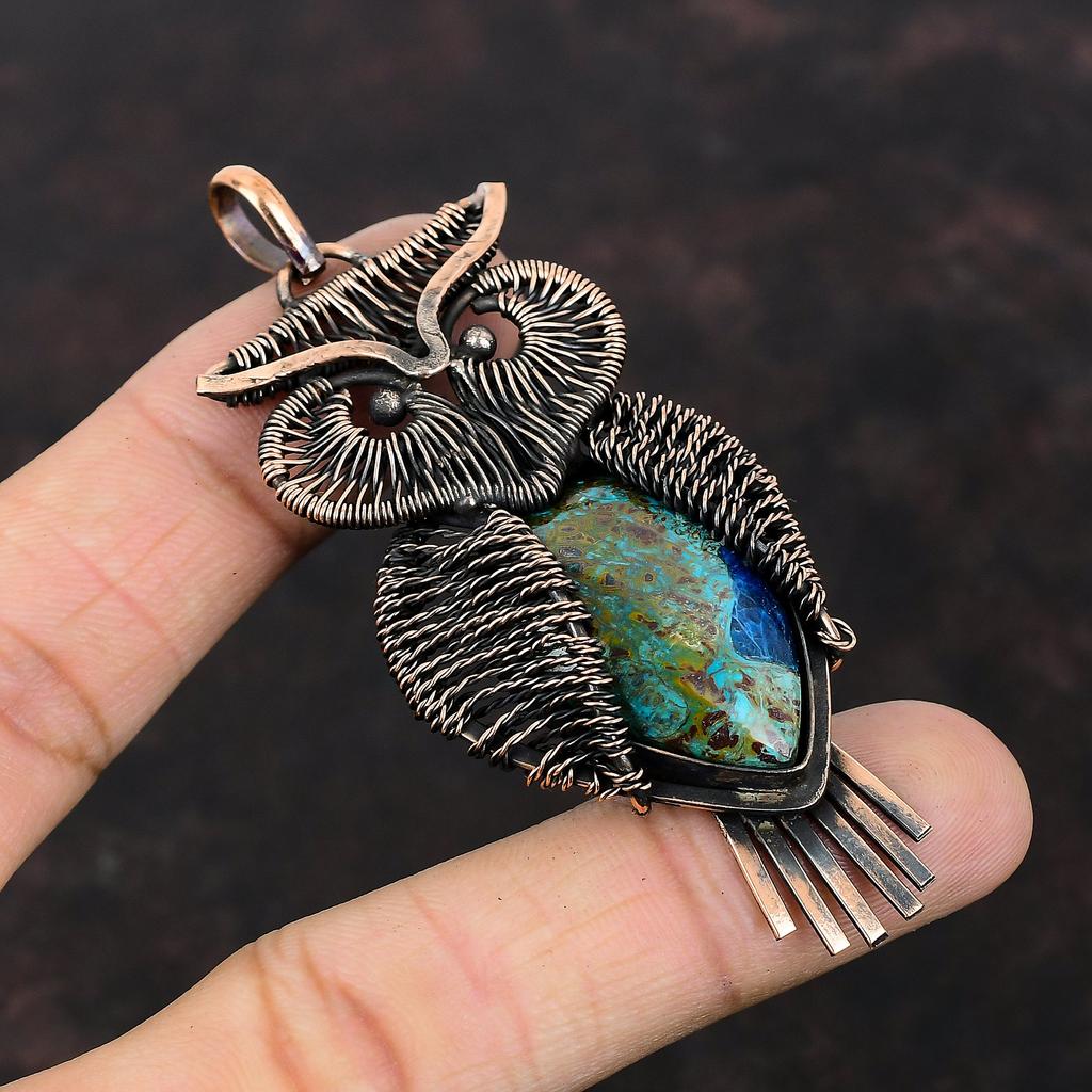 Azurite Malachite Pendant Copper Wire Wrapped Pendant Gemstone Copper Jewelry Handmade Pendant Wire Wrap Jewelry Owl Pendant Gift For Mother