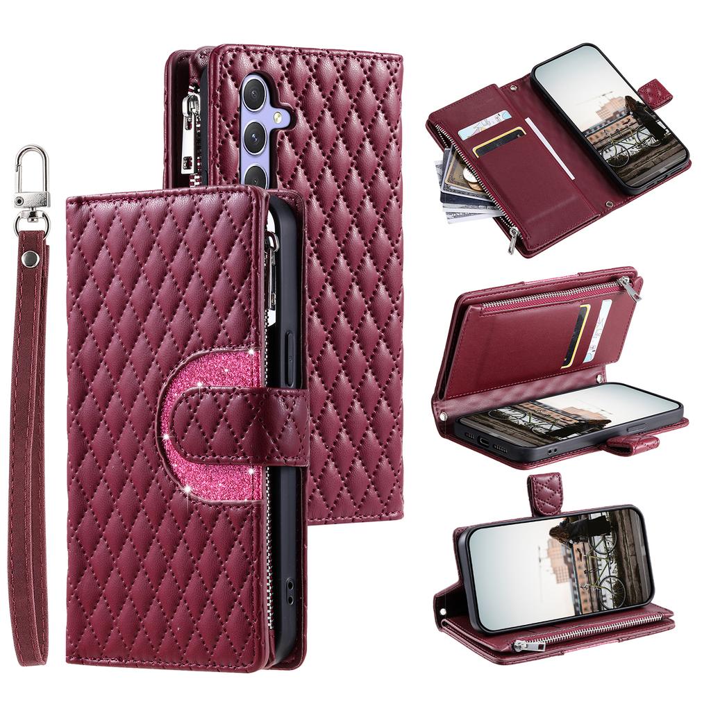 For Samsung Galaxy A37 5G Case Zipper Pocket Glitter Leather Phone Cover with Wrist Strap