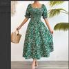 European and American Square Collar Bubble Sleeve Floral Dress Vacation French Retro Waist Pendulum Medium and Long Dress