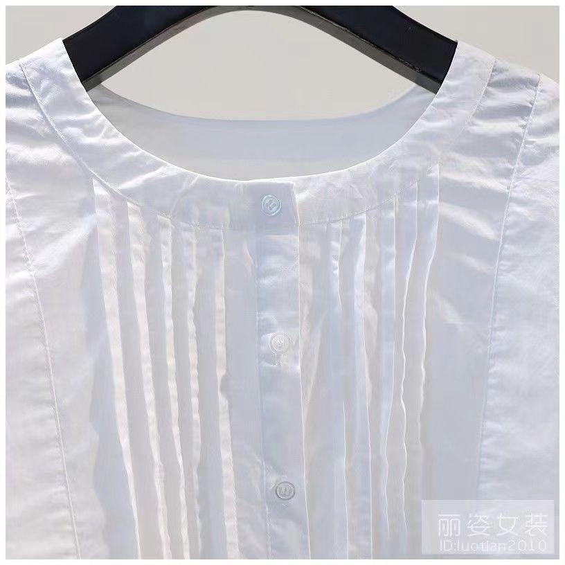 Korean Style White Cotton Shirt Women Summer Round Neck Casual Loose Fit Short Sleeve Top