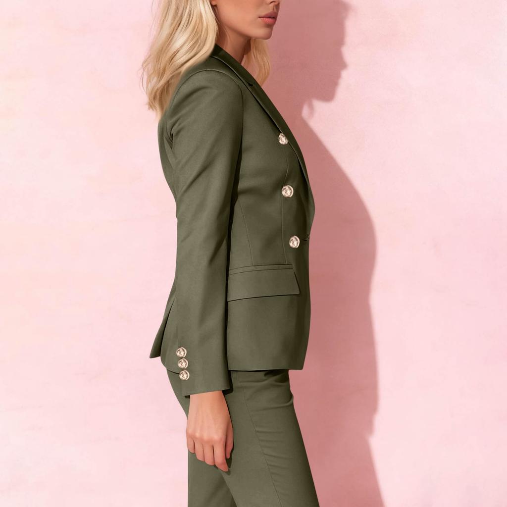 Women's Fashion Solid Color Long Sleeved Button Up Suit Jacket Casual Straight Leg Pants Two-piece Set