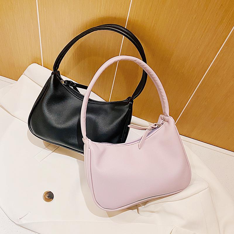Fashionable Women Underarm Bag Trendy Solid Color Textured Pu Leather Simple Female Bags Popular Large Capacity Bag