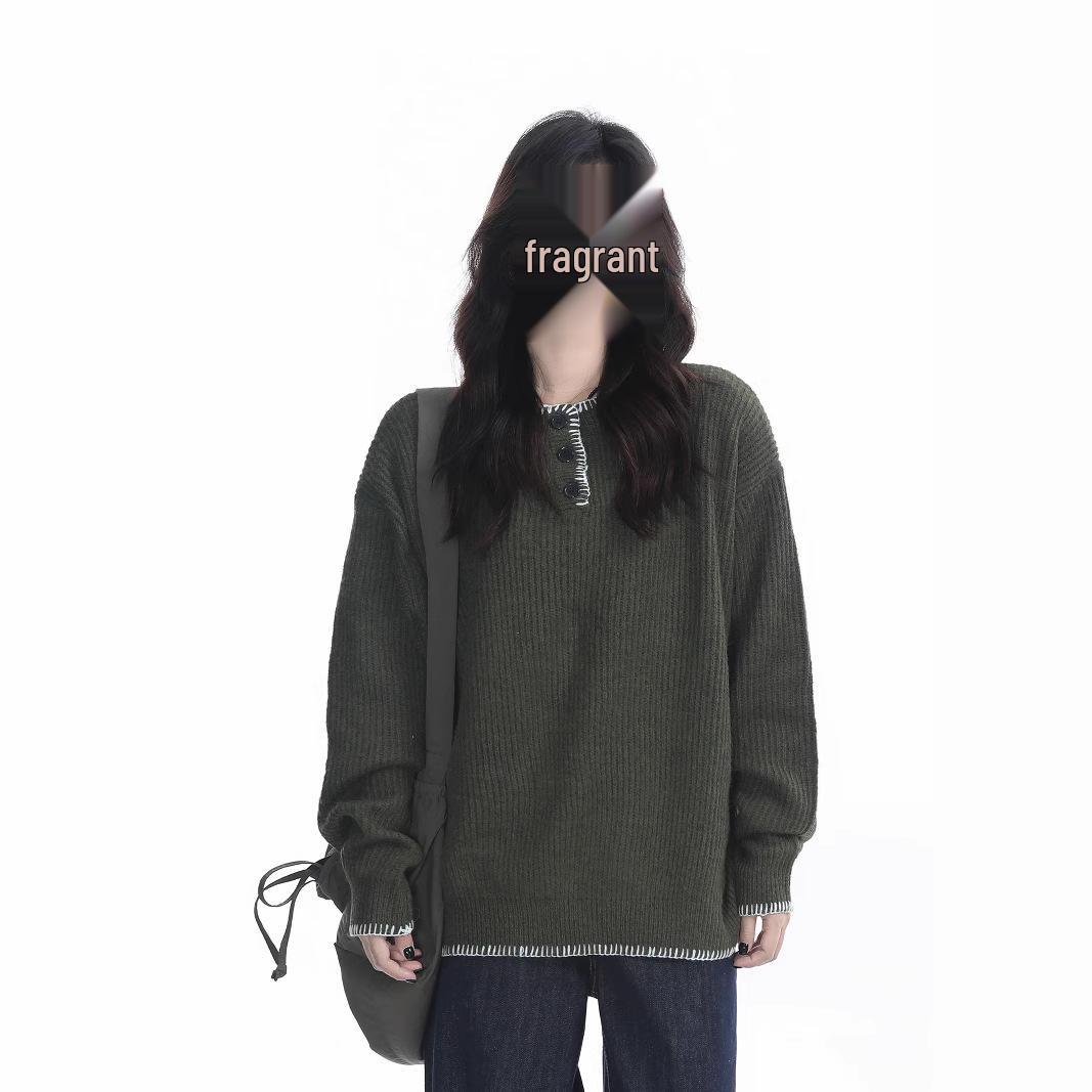 

Мужской вязаный свитер в корейском стиле с воротником хенли: Новый тренд осени/зимы, свободный и универсальный однотонный дизайн. Medium зелёный