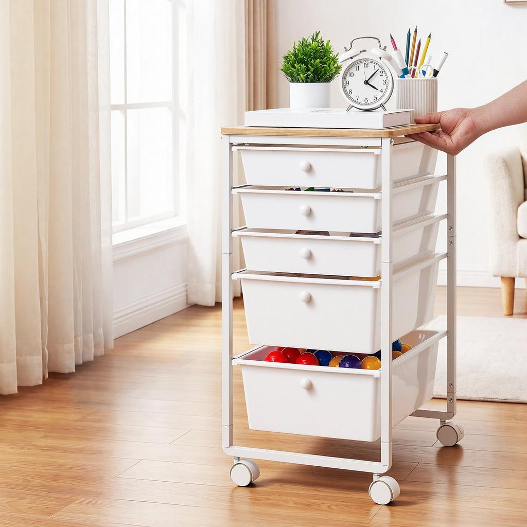 VEVOR Rolling Cart with Drawers, 5 Drawer Storage Organizer, Mobile Utility Cart with Wood Top, Steel Frame, Universal Casters & 2 Brakes
