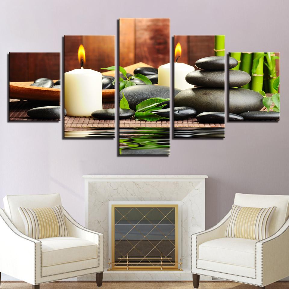 Nowoczesne Obrazy na Płótnie Dekoracja Domu Sztuka Ścienna 5 Części Bambus Świece Kamienie Zdjęcia Do Salonu Druki HD Plakaty Ramy