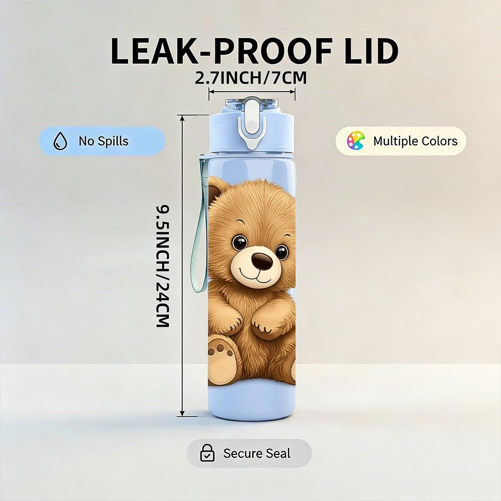 1PC Classic Brown Teddy Bear Print 750ml Color Plastic Sports Water Bottle Leakproof Flip Straw Lid Suitable for Sports Office Home Use