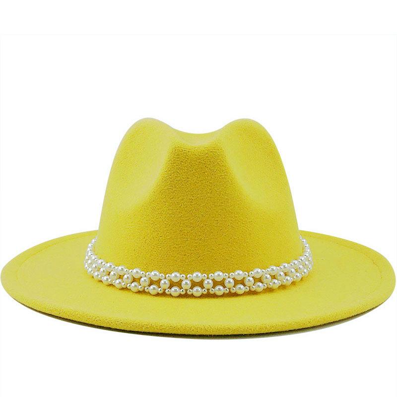 Woolen Hat Elegant Fashion Pearl Woolen Hat British Style Jazz Hat Big Brim Hat Women's Autumn and Winter Top Hat