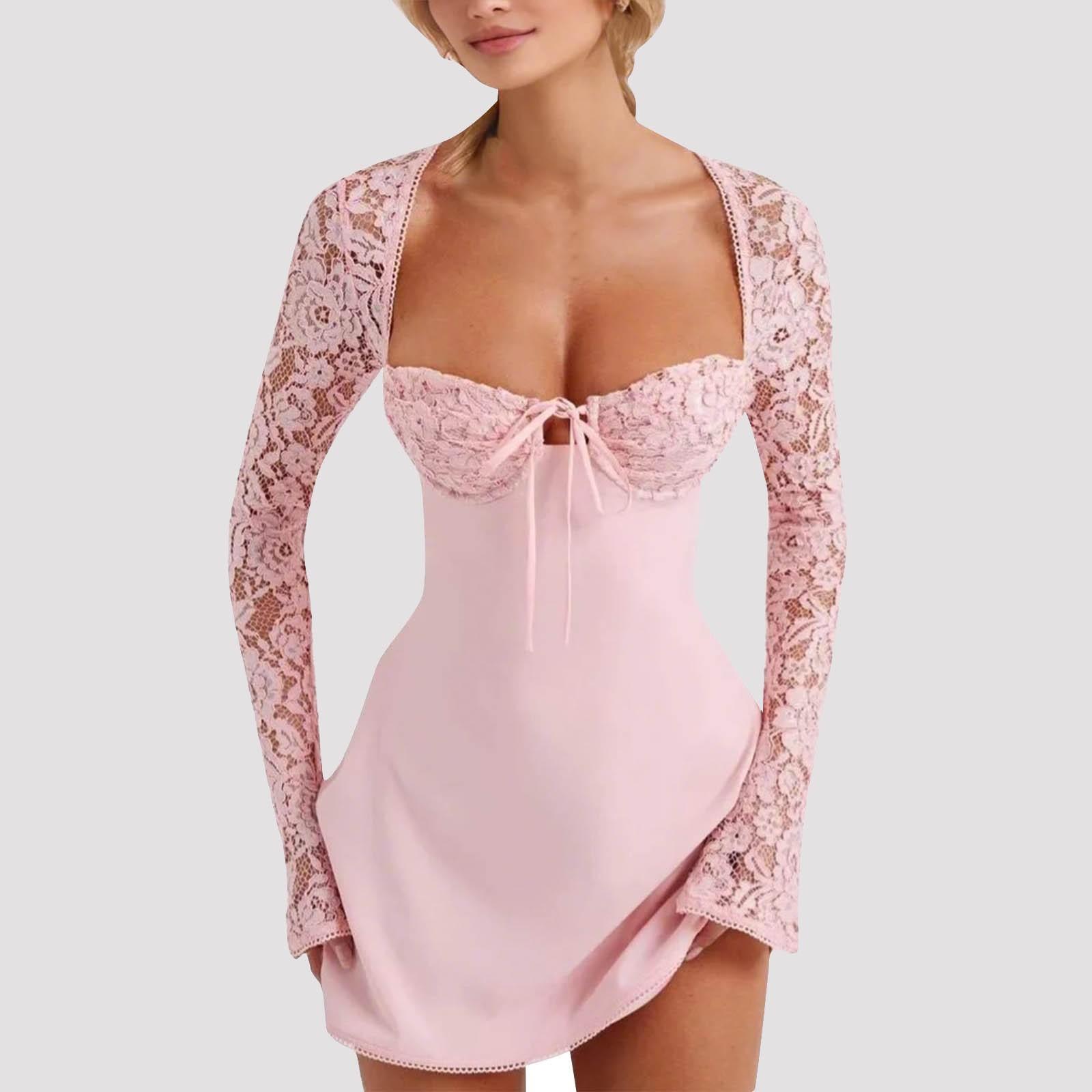 

Женское элегантное кружевное платье с кружевным лоскутным узором, платье с длинным рукавом и глубоким вырезом, платье для выхода с открытой спиной L розовый