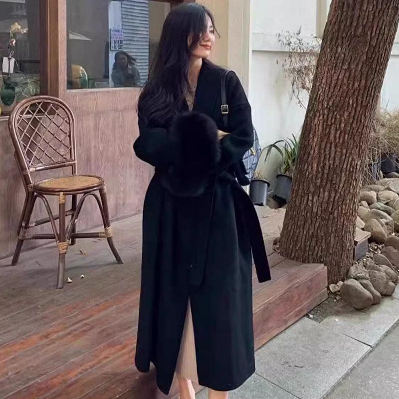 Manteau en Laine Mi-Long pour Femme avec Manches en Fourrure - Veste Décontractée Chic Automne/Hiver