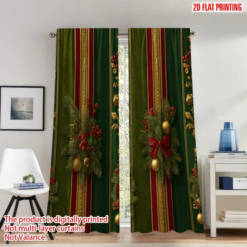 

Set Of 2 Flat Printing Fashionable Christmas Curtains Pine Branches Ornaments Digital Printed Polyester Drapes Holiday Made W100*H70(CM)-Hooks&2PCS