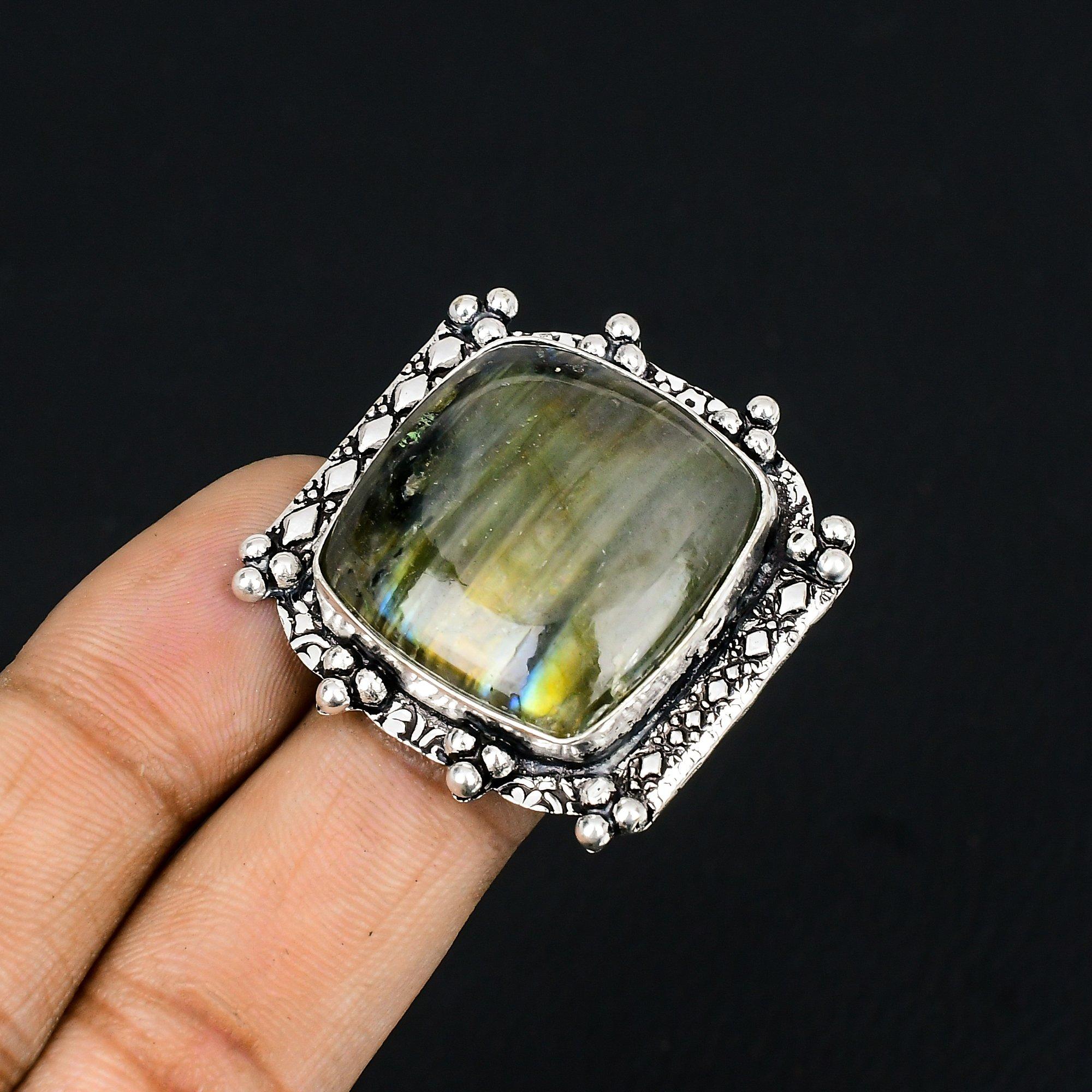 Halloween Deal 925 Silver Natural Labradorite Birthday Mother Multi Stone Ring 9