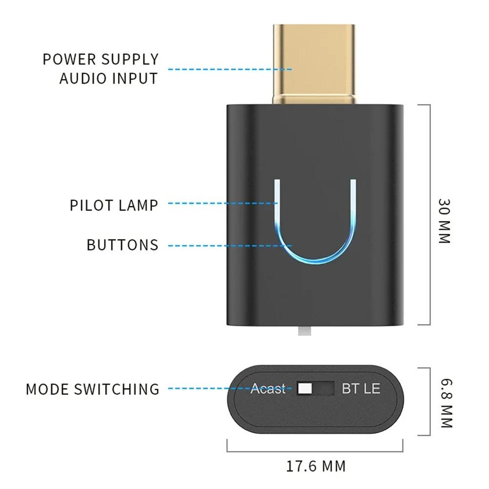 Bluetooth 5.4 Draadloze Audio Adapter Type-C APTX HD LL Lage Latentie Adaptieve Zender met Auracast Voor PS4 Notebook PC TV