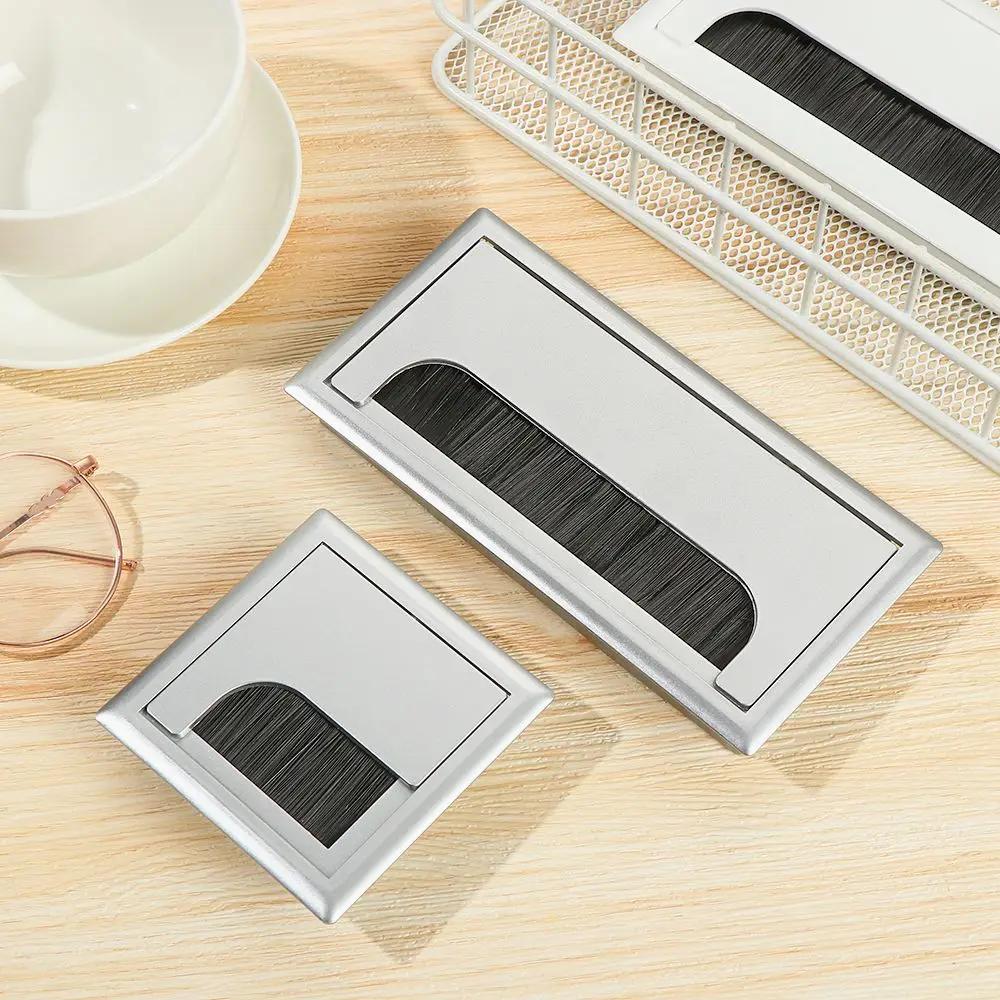 Aluminum Alloy Rectangle Desk Wire Hole Cover Table Outlet Port Computer Desk Cable Grommet Hole Holder with Black Brush