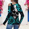 Women Plus Size Asymmetric Cutout Neck Cold Shoulder Fitted Long Sleeve Top Fire Motorcycle Printed Orange Black