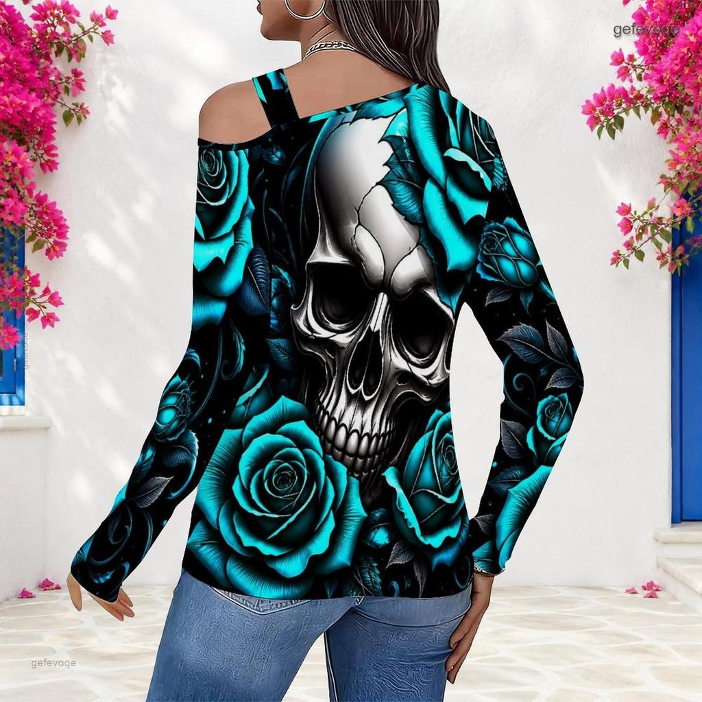 Women Plus Size Asymmetric Cutout Neck Cold Shoulder Fitted Long Sleeve Top Fire Motorcycle Printed Orange Black