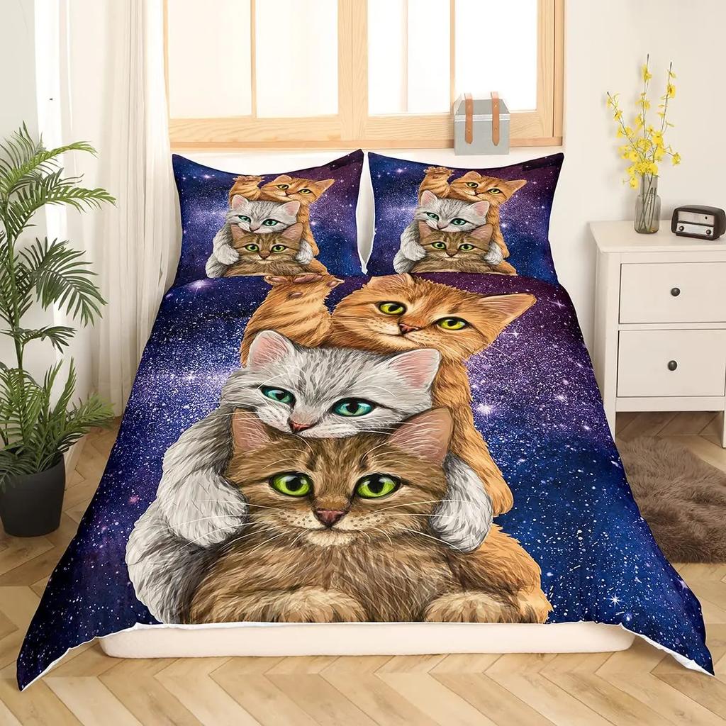 Galaxy Cat Duvet Cover Universe Galaxy for Kids Boy Girl Cute Kitten Printed Outer Space Planets Quilt Cover Bedroom Decorations