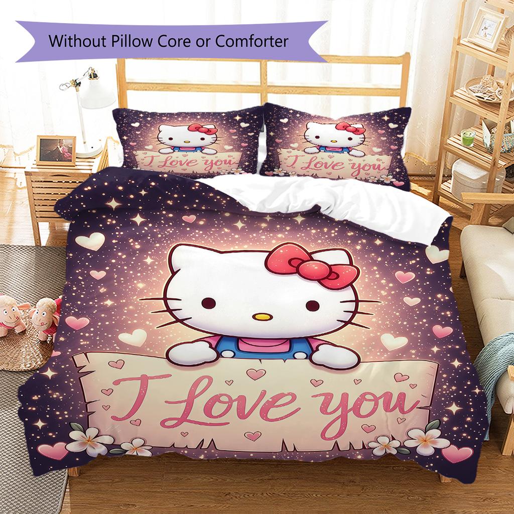 Hello Kitty Cute Pattern Bedding,Quilt Set Quilt Cover Pillowcase Home Birthday Gift(1 * Duvet Cover + 2 * Pillowcase, Without Core)