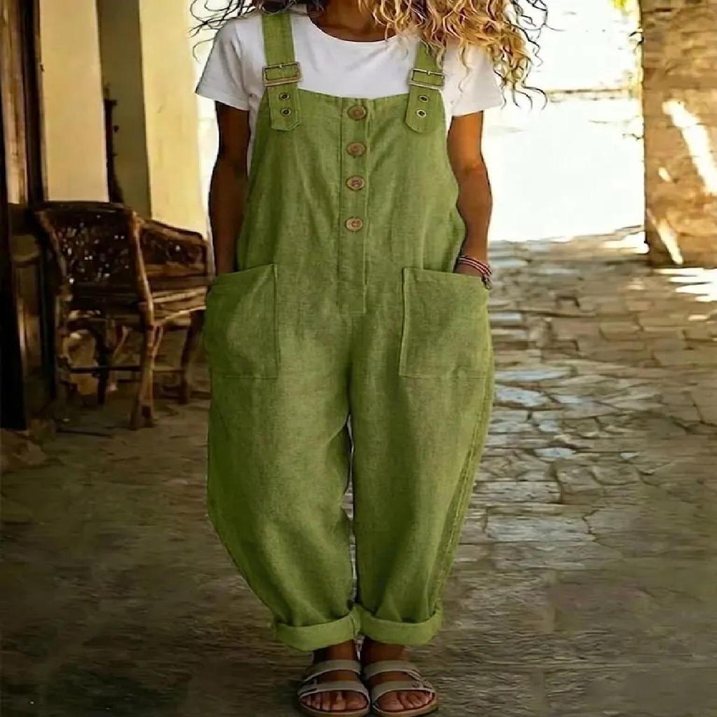 2026 Cotton Linen Retro Pocket Straight-Leg Overalls for Women