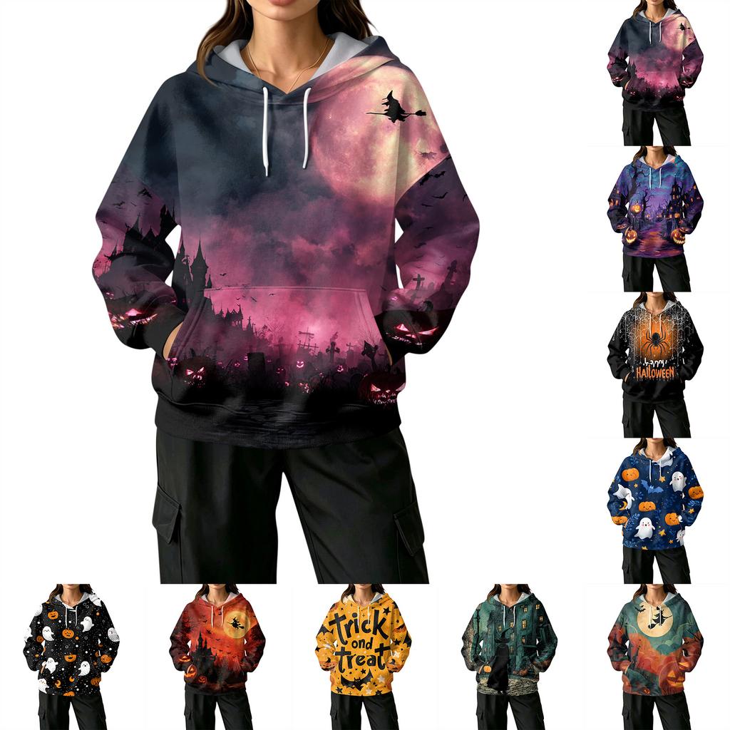 Women's Casual Halloween Print Hoodie with Front Pockets