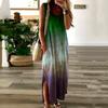 Women V Neck Sleeveless Gradient Color Pockets Slitting Hem Long Dress