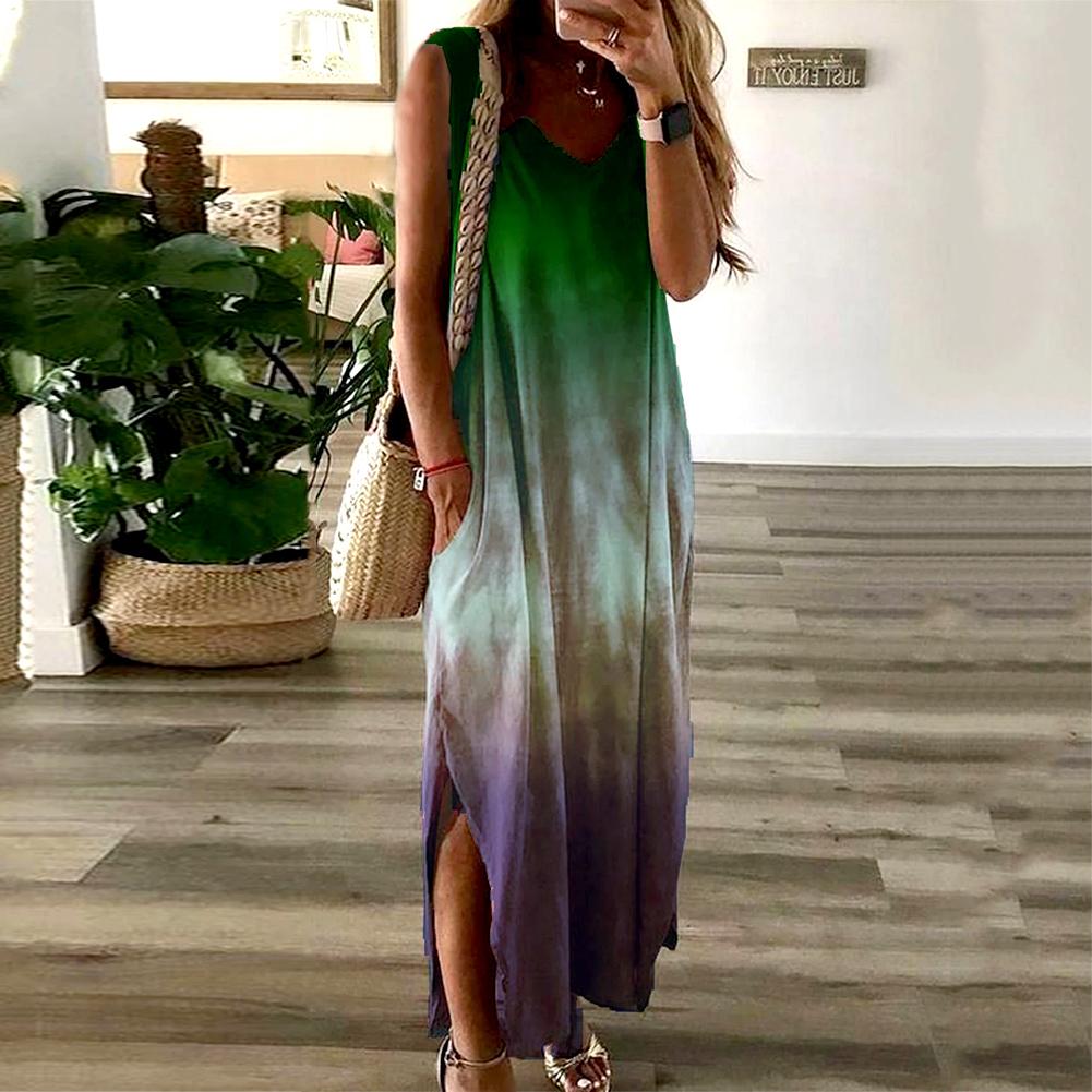 Women V Neck Sleeveless Gradient Color Pockets Slitting Hem Long Dress