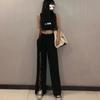 Women Solid Color Wide Leg Loose Elastic High Waist Straight Casual Split Pants