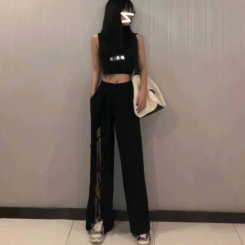 Women Solid Color Wide Leg Loose Elastic High Waist Straight Casual Split Pants