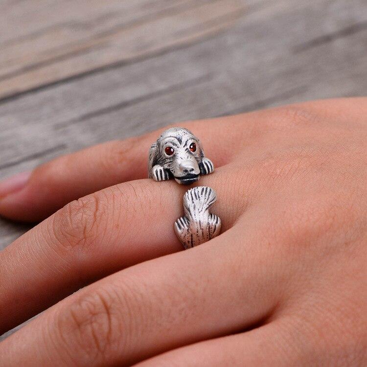S990 Silver, Thai Silver Jewelry, Twelve Animals, Teddy Dog, Mosaic, Artificial Red Zircon, Lady's Opening Ring.