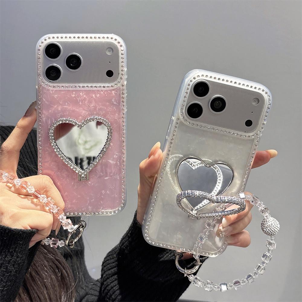 Luxury Sparkling Glitter Rhinestone Heart Mirror Phone Case for iPhone 17 Pro Max 16 15 14 13 Crystal Wrist Strap Protect Cover