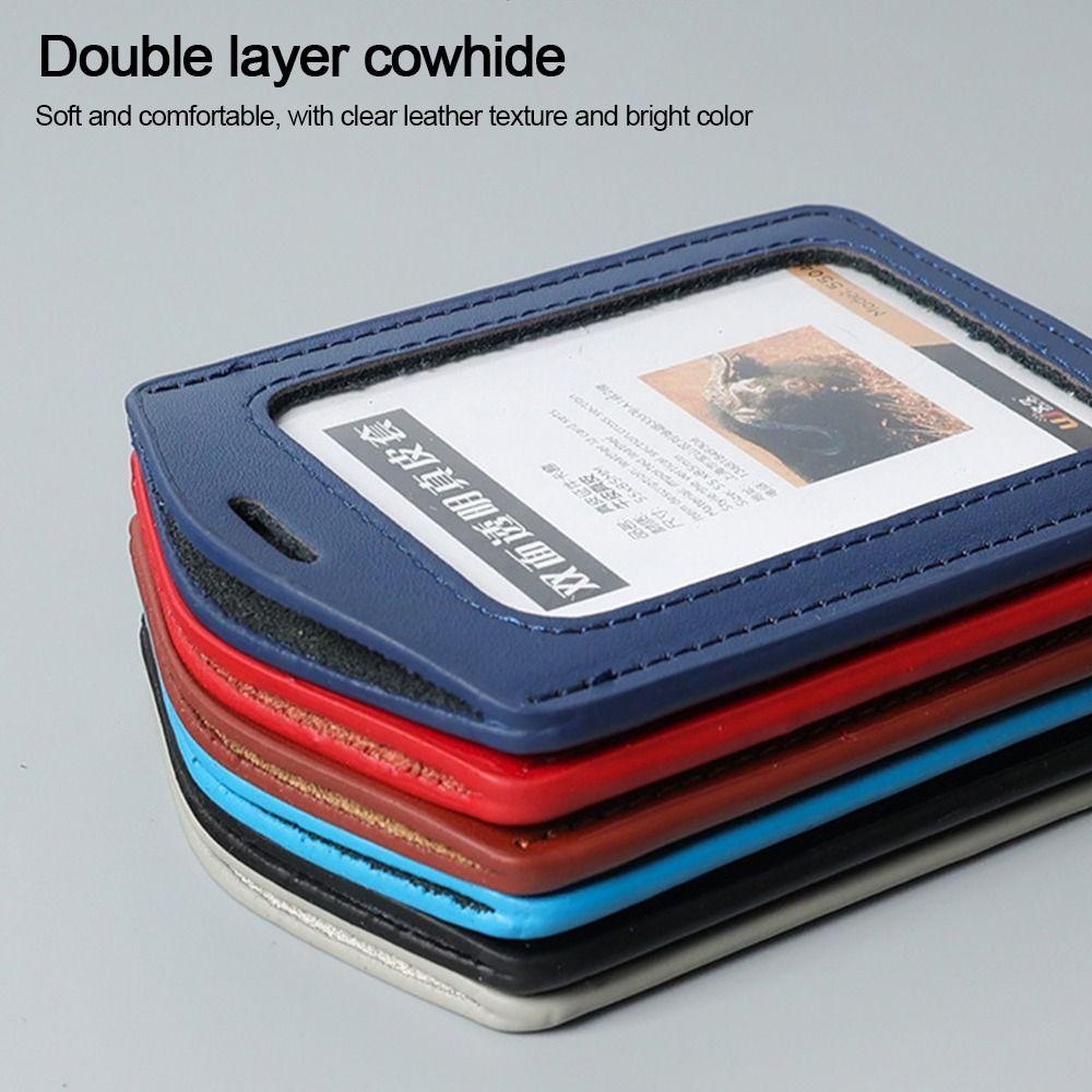 High Quality Genuine Leather Work Card Holder With Neck Lanyard Solid Color ID Badge Holders Office Worker Supplies